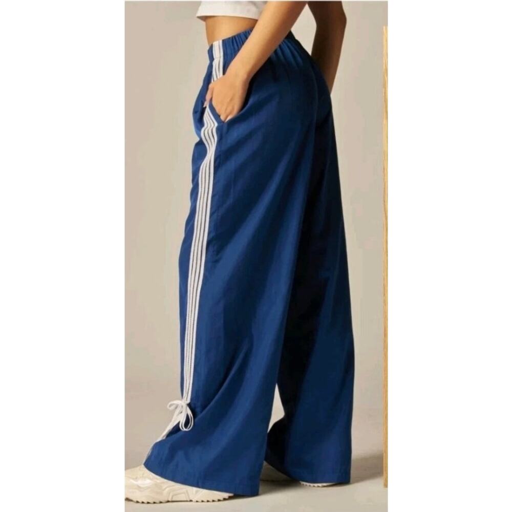 CALI 1850 Track Pant Size L NWT Blue Side Tie Stripe Wide Leg Elastic Waist - Picture 2 of 5